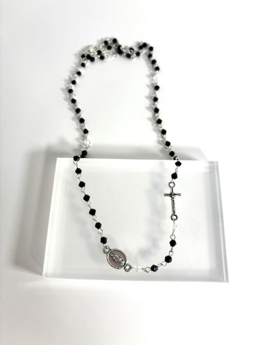 Black Glass Necklace with Silver Chain