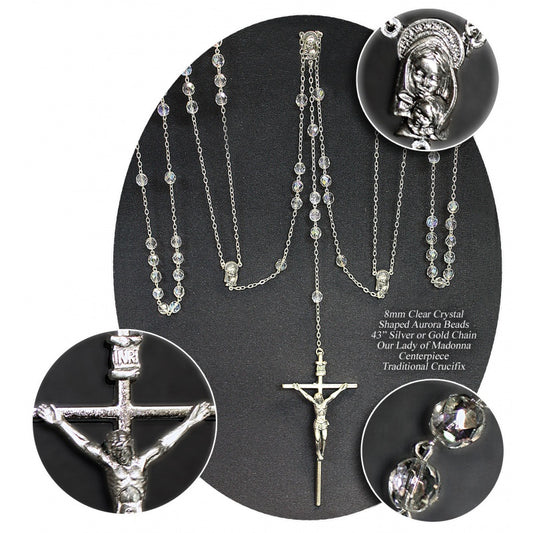 Rosary Lasso Silver Clear Beads 8mm Deluxe Box
